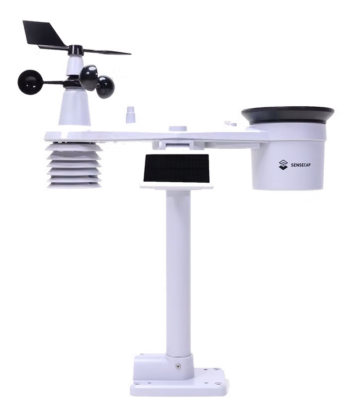 Senzor meteo SenseCAP S2120 cu anemometru cu cupe, giruetă, ecran de radiație, colector de ploaie și panou solar